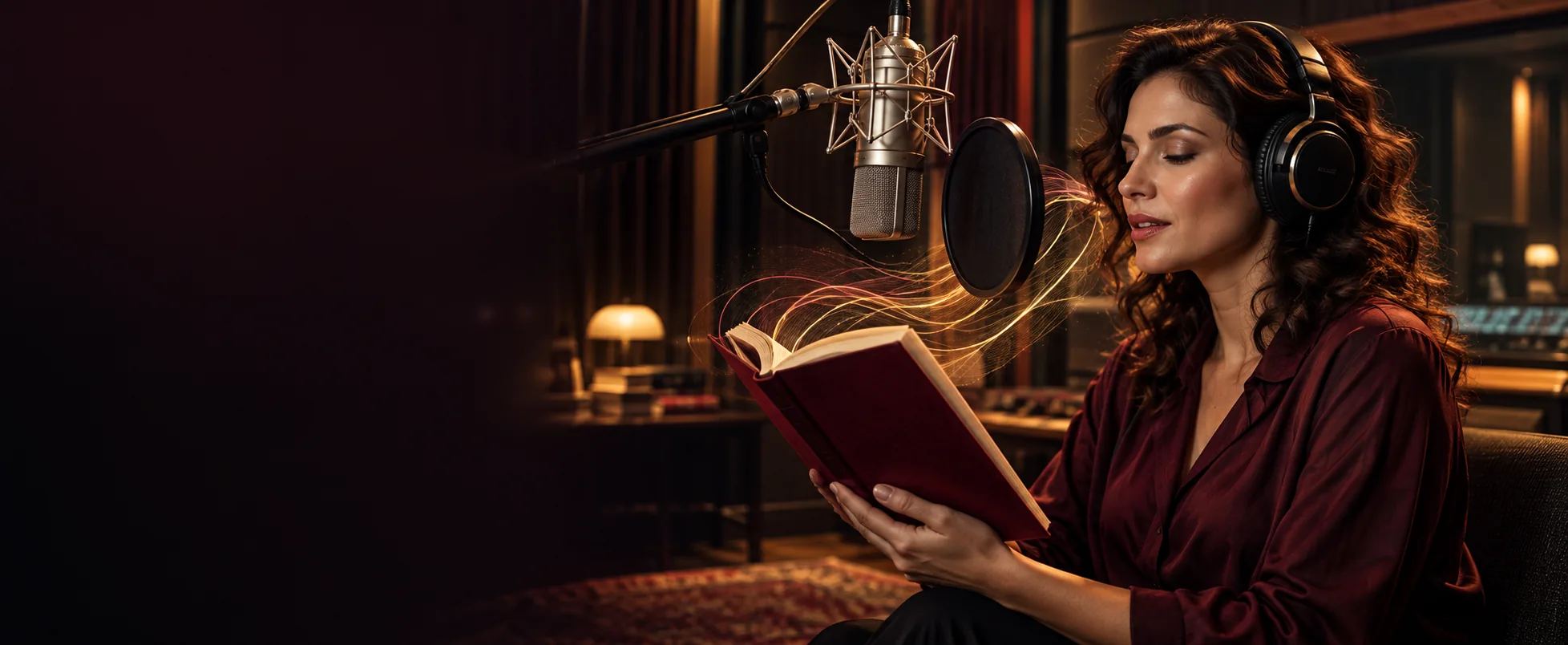 Professional narrator recording an audiobook in a sound studio