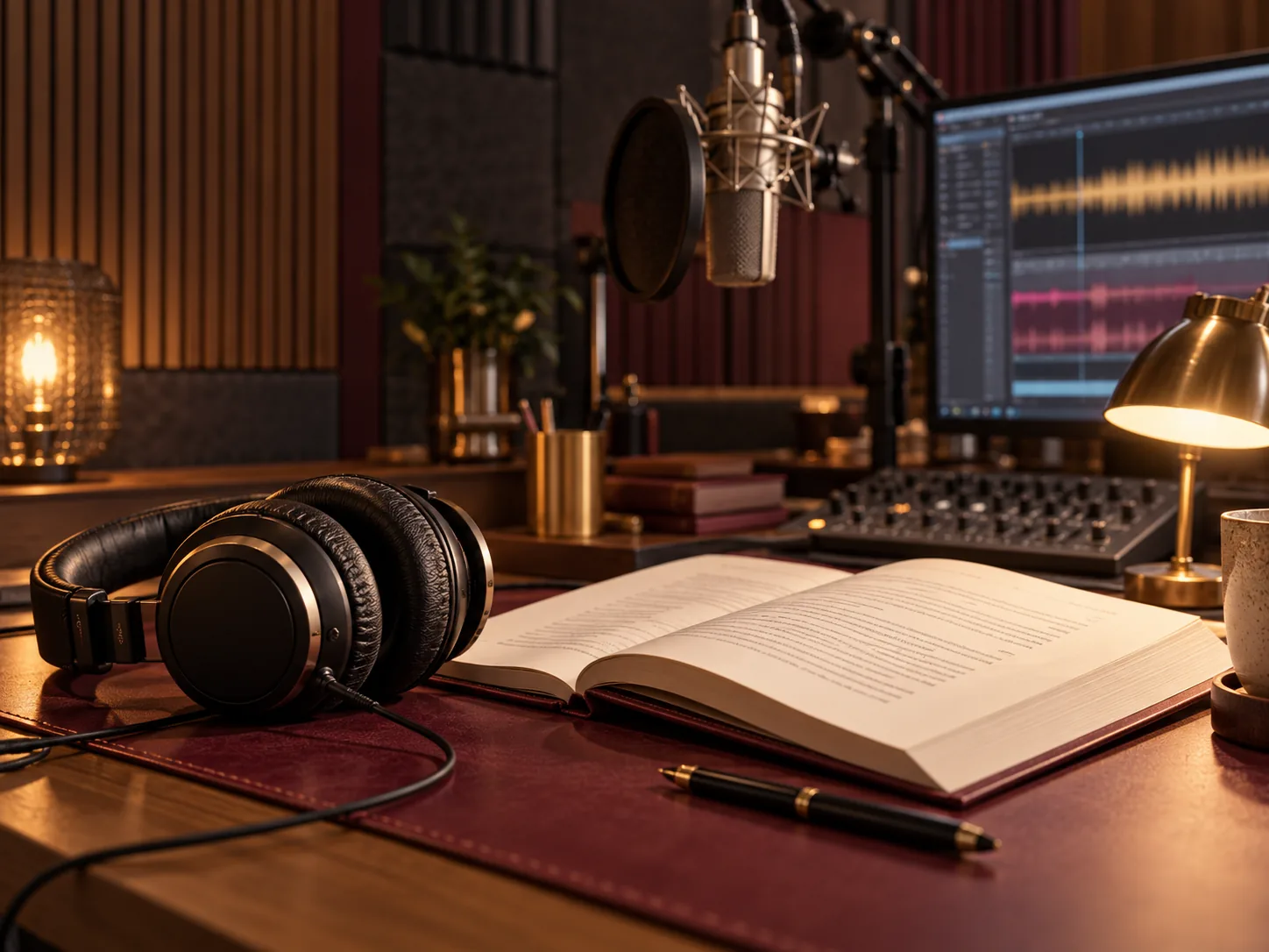 Headphones, manuscript and recording equipment in a professional audiobook studio
