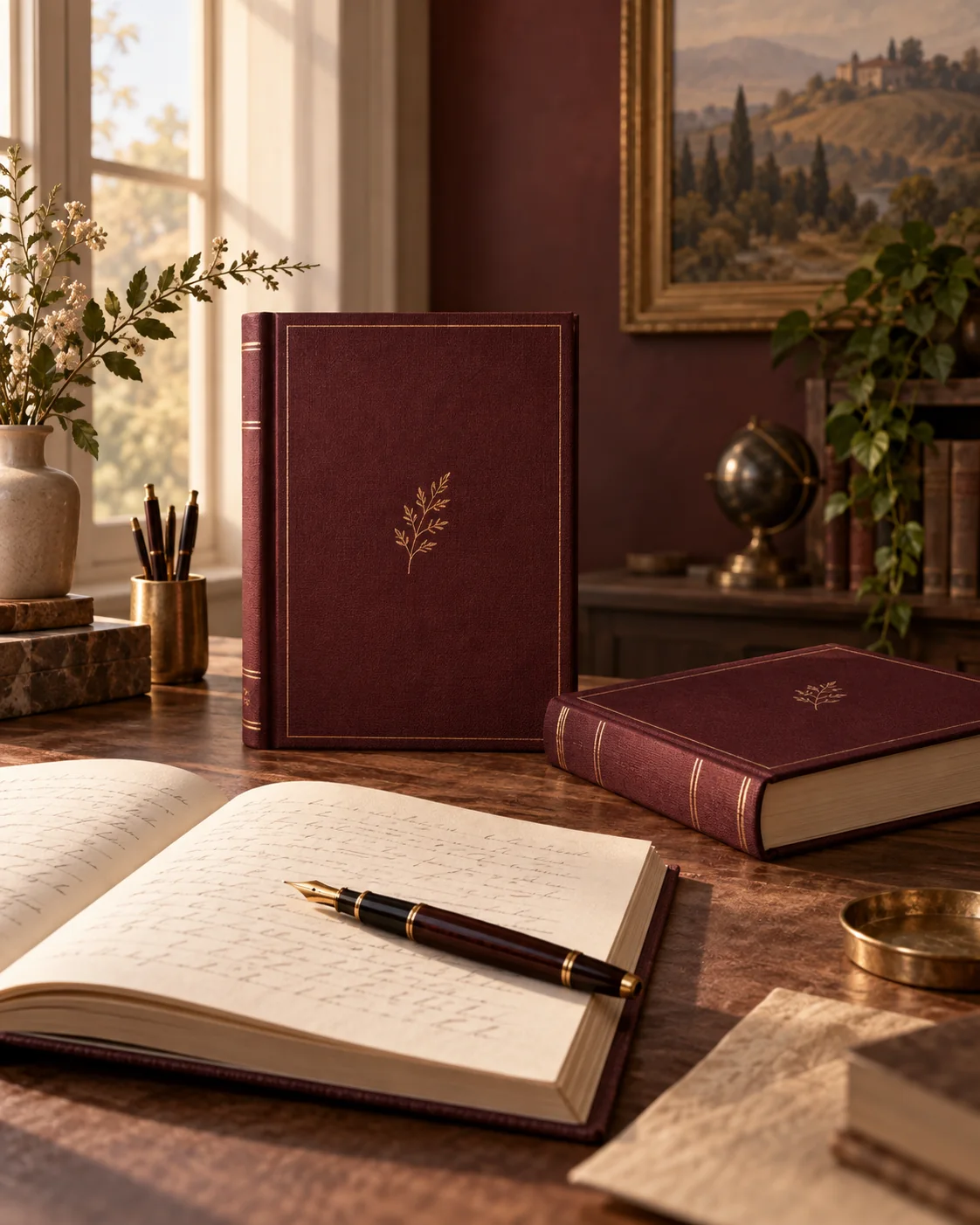 A handwritten manuscript beside professionally produced hardcover books