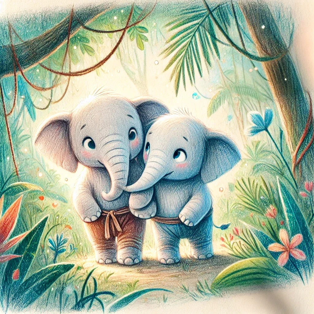 Two young elephants in a tropical garden
