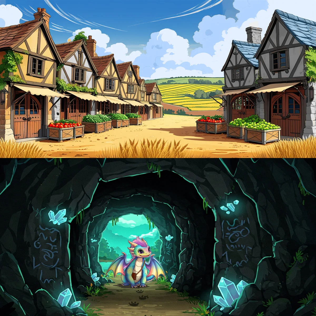 Dragon village and cave illustration