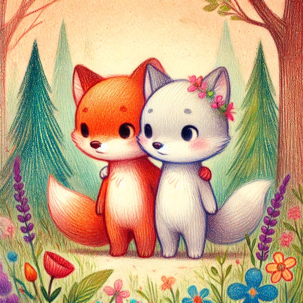 Fox and cat friends in a woodland setting