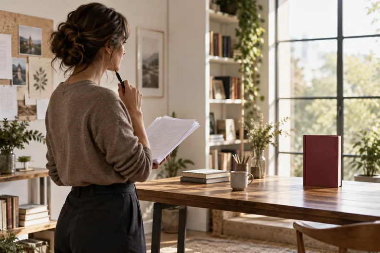 Author holding manuscript pages and a pen while envisioning a finished book